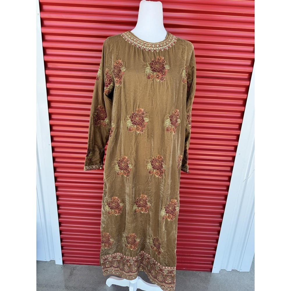 Ethnic Dress Womens Small Beige Velvet Floral Embroidered Kaftan Long Sleeve